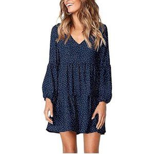 OPEN SKY NAVY BLUE POLKA DOT RUFFLE FLOWY SWING V-NECK DRESS